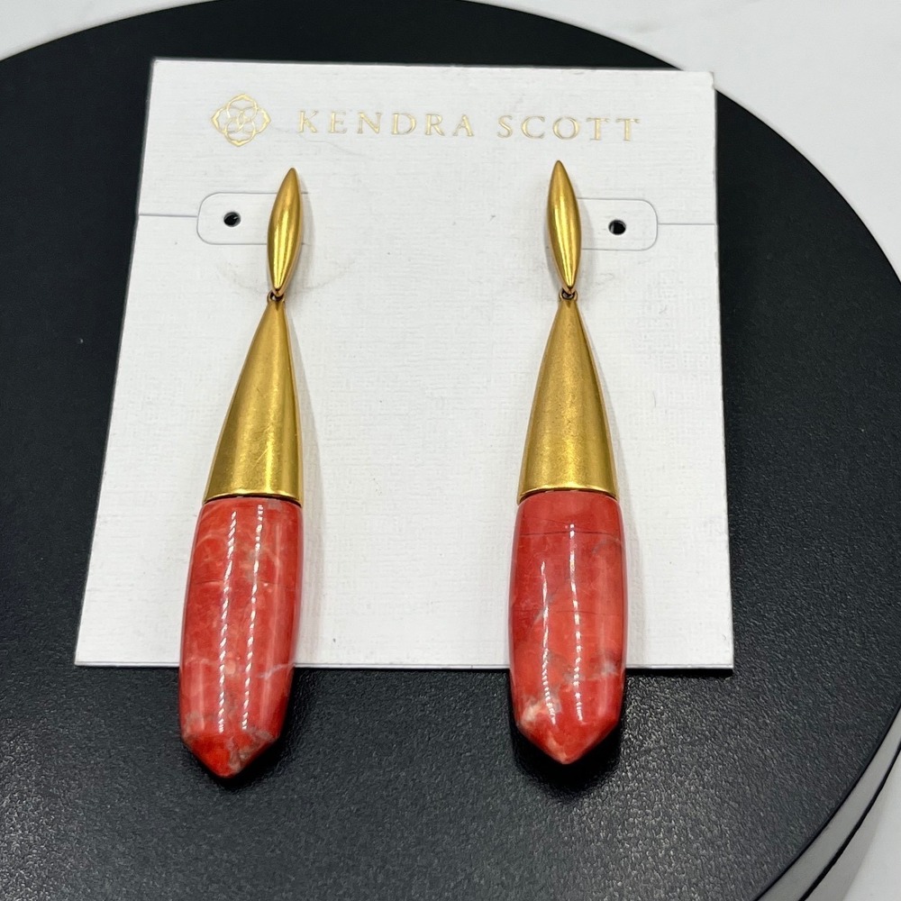 Kendra Scott Freida Burnt Sienna Howlite Vintage Gold Linear Dangle Earrings New